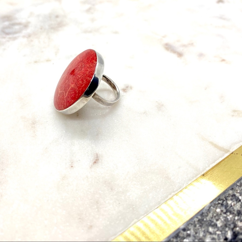 .925 Sterling Silver & Coral Stone Ring